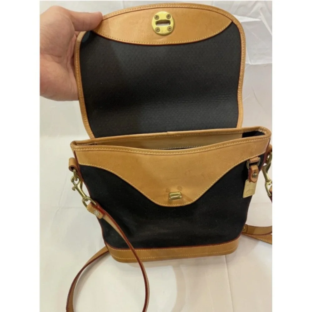 Dooney & Bourke Black Canvas/ Light Tan Leather Medium Flap Crossbody Bag Purse